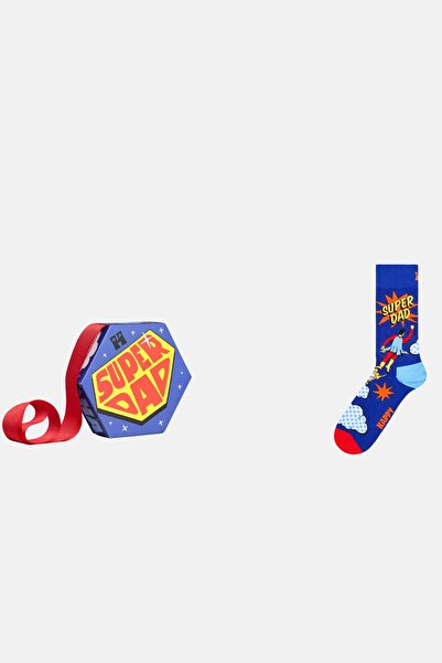 Happy Socks Blue Super Dad Patterned 1-Pack Cotton Gift Sock Set