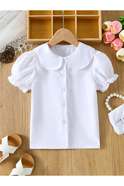 Take Two By Styli Girls White Peter Pan Collar Puff Sleeve Shirt