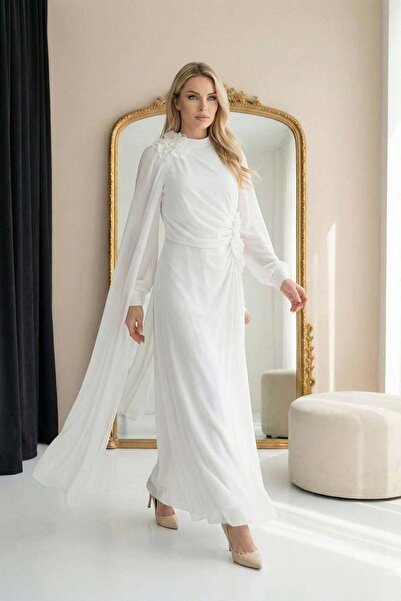 hakimoda Banu Çi̇çek Chiffon Evening Dress White