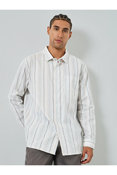 Styli Men White Relaxed Fit Striped Cotton Shirt