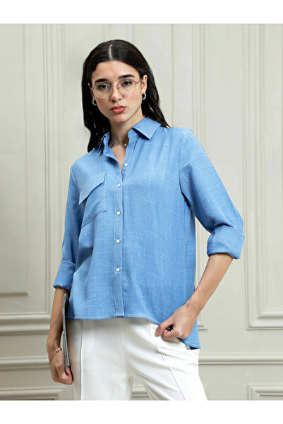 Styli Blue Linen Buttoned Shirt with Chest Pocket