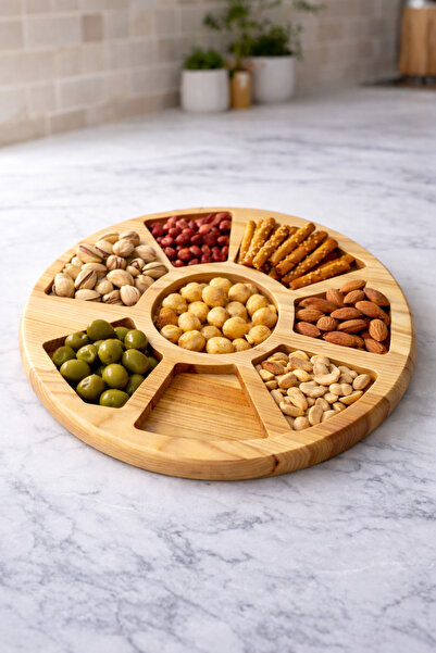 BOZKURT CNC Ahşap Çerez Meyve 6 Bölmeli Şık Sunum Tabağı