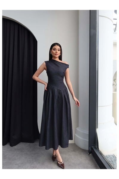 ESRAHELVACI Rochie cu decolteu barcă cu pliuri denim