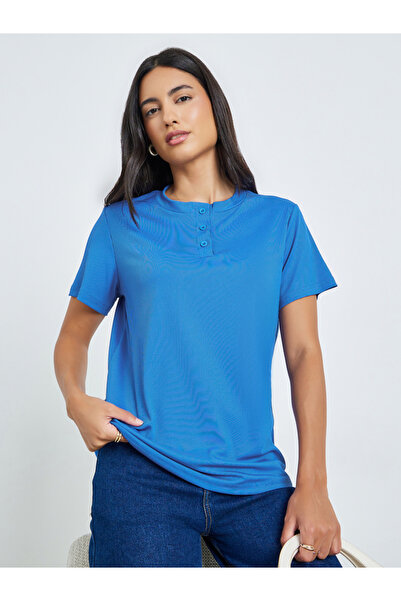 Styli Blue Ribbed Button-Front T-Shirt