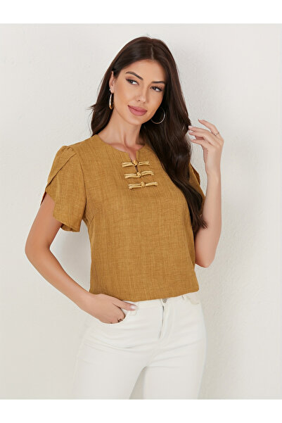 Take Two By Styli Mustard Yellow Textured Short Sleeve Top