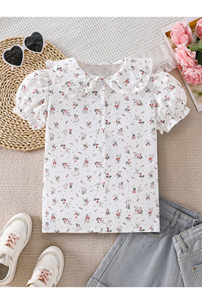 Take Two By Styli Girls Floral Peter Pan Collar Puff Sleeve Shirt
