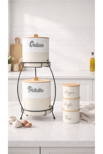 decorev Standlı Patates Soğan Saklama Kovası ve Bambu Kapaklı Çay Kahve Şeker...