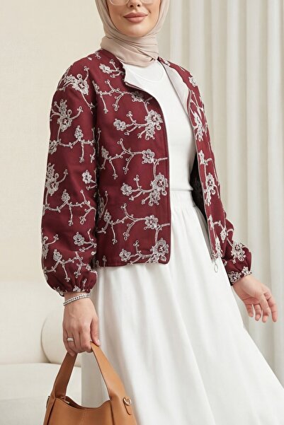 HİJABAYA Στρογγυλή λαιμόκοψη με φερμουάρ Με κέντημα Με τσέπες Λινό Μπουφάν