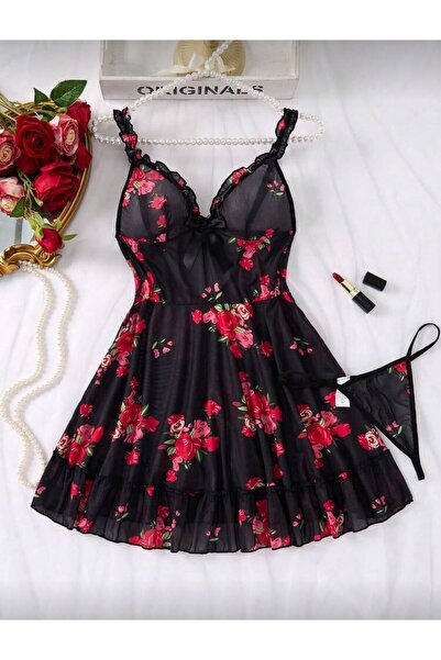 VALSIGNAD Γυναικείο Σετ Φόρεμα Μαλακό με Βολάν και Λουράκια V-Neck Μαύρο Τρια...