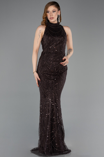 Abiyefon Koyu Kahve Halter Yaka Boncuklu Uzun Balık Abiye ABU4791