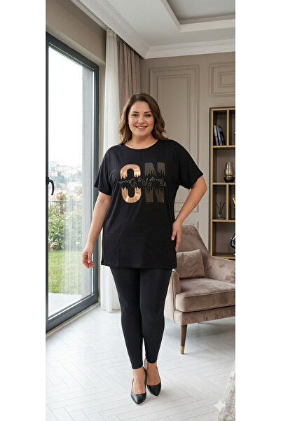 Stor Kadın Büyük Beden Yarasa Kol Taşlı Tunik - Kristal Detaylı Rahat Kesim S...