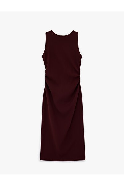 Koton Kolsuz Bisiklet Yaka Krep Kumaş Slim Fit Drape Detaylı Midi Elbise