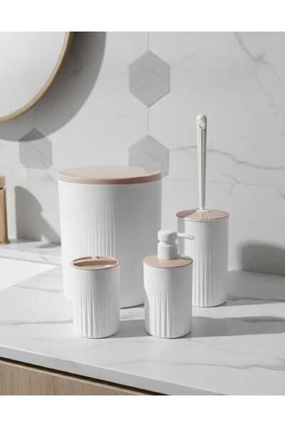 Veyla Style Beyaz 4'lü Banyo Seti-Çöp Kovası-Sıvı Sabunluk-Diş Fırçalık-Wc Fı...