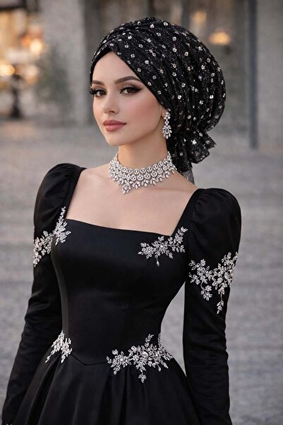 Aişe tesettür Μαύρο Ασημί Με γκλίτερ Βραδινό Φόρεμα Με αγκράφα Bone