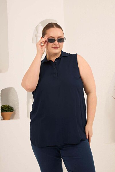 RMG Shirt Collar Sleeveless Plus Size Viscose Blouse Navy Blue