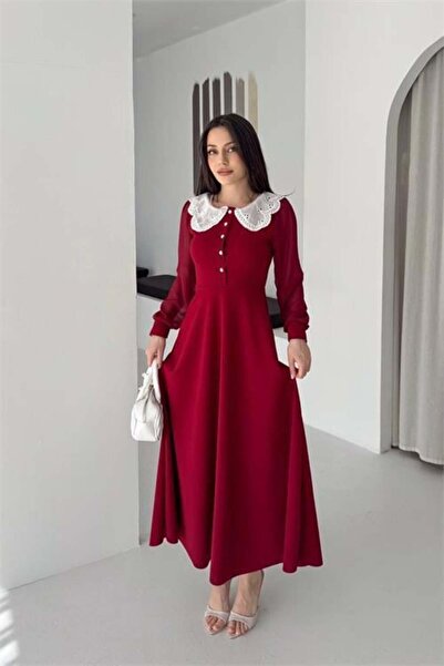 Dipmoda Rochie roșie pentru femei, cu guler dantelă și detalii cu nasturi din...