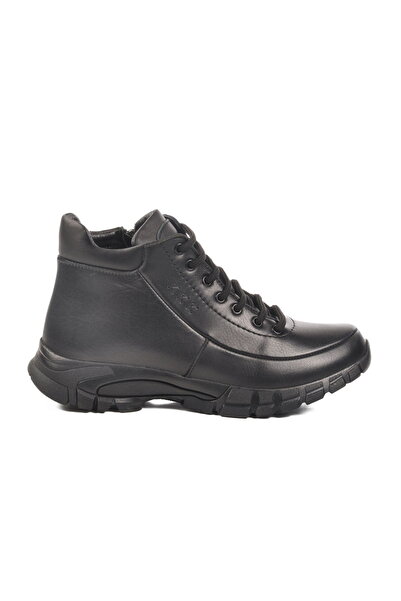 Voyager Black Genuine Leather Women's Flat Boots with Zipper and Lace Detail