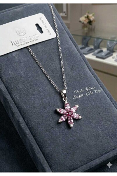 Luminars قلادة من الفولاذ اللوتس باللون الوردي مرصّع بالأحجار