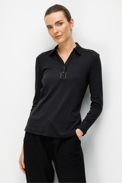 Desen Triko Women's Polo Collar Needle Embroidered Pa Cotton Combed Cotton Bl...