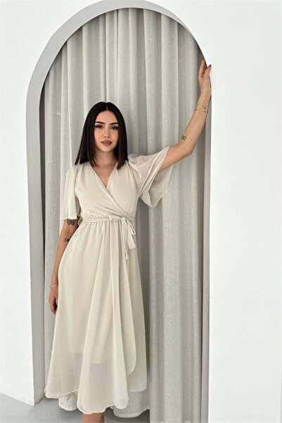 Dipmoda Women's Beige Belted Double-Breasted Lapel Wrap Chiffon Dress Dpk4520