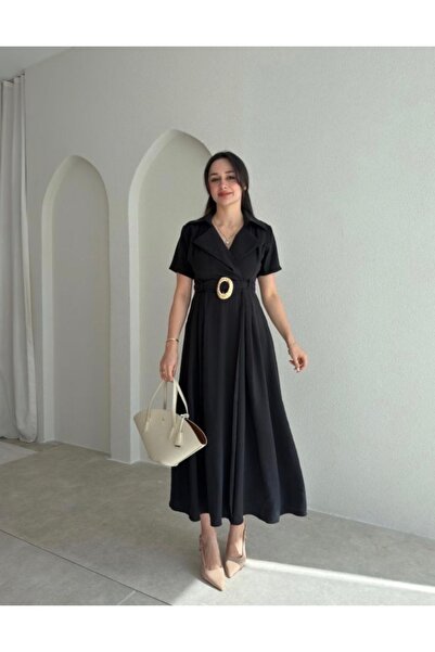 MOVELLA FASHİON Gold Belt Detailed Midi Length Tencel Fabric New Season Izoll...