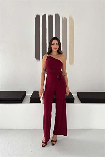 Dipmoda Women's Burgundy One-Shoulder Accessory Detail Wide-Leg Belted Jumpsu...