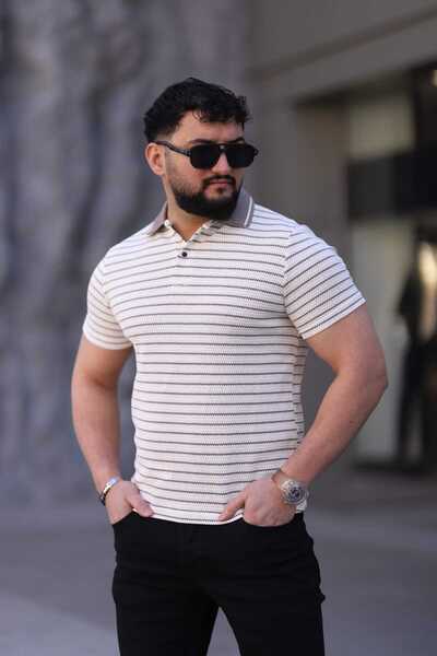 L-KOM Men's Polo Neck Striped Knitwear T-shirt