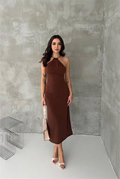 Dipmoda Women's Brown Backless Metal Collar Midi Dress Dpk4543