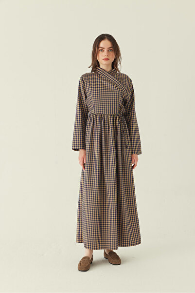 ZÜLAYS Kruvaze Ekose Desenli Elbise Bej