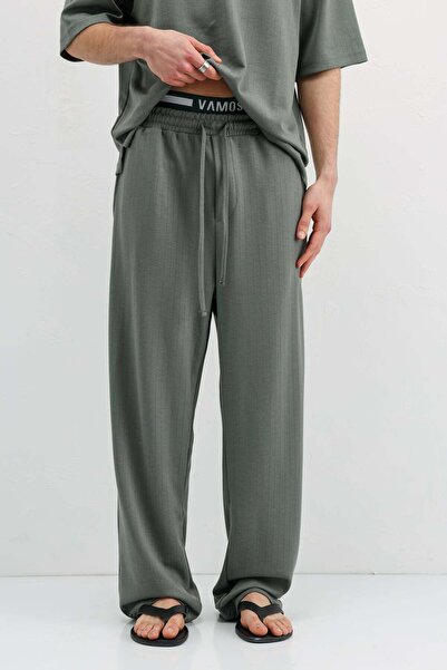 VAMOSCLO Fitilli Dokulu Baggy Eşofman Alt Haki