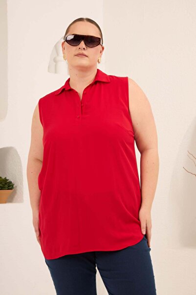 RMG Shirt Collar Sleeveless Plus Size Viscose Blouse Red