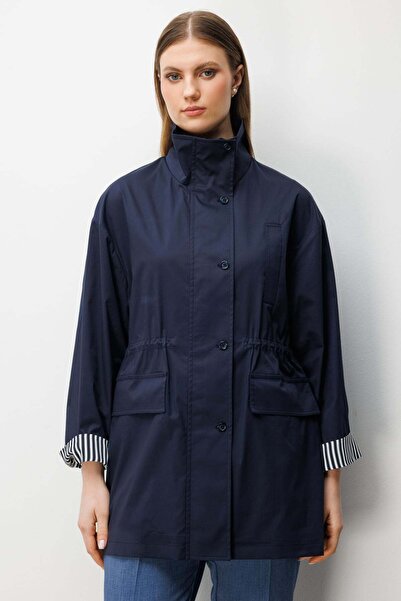 Ekol Women's Plus Size Mock Neck Cover Pocketed Trench 7542 Navy Blue