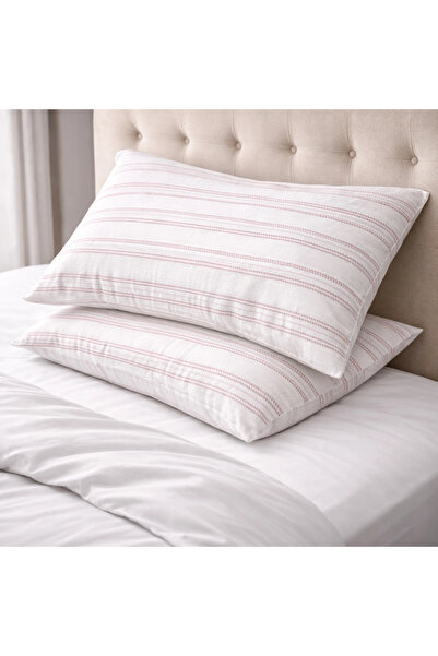 Clasy Ranforce 100% Cotton 2 Pieces Pillowcase Striped Patterned Pink-White