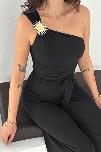 Dipmoda Women's Black One-Shoulder Accessory Detail Wide-Leg Jumpsuit with Be...