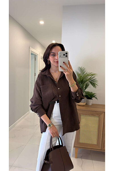 BİRCANÇİL Πουκάμισο μεγάλου μεγέθους Amotre Kahve Çizgi Υφαντό τεμαχίων