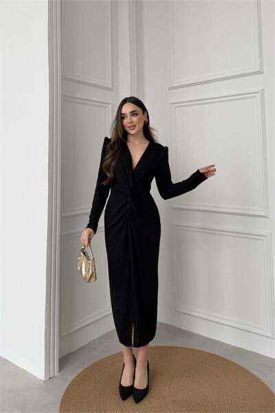 Dipmoda Women's Black Wrap Ruched Glittery Premium Midi Dressdpelb08