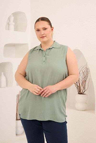 RMG Shirt Collar Sleeveless Plus Size Viscose Blouse Green