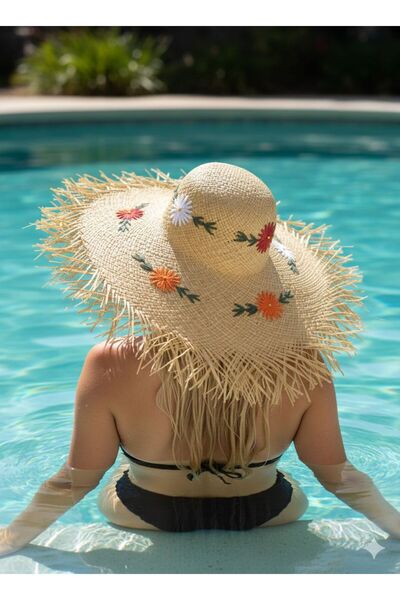 Trend Şapka 14767 Φαρδύ ψάθινο καπέλο μπεζ με κέντημα λουλουδιών και κρόσσια