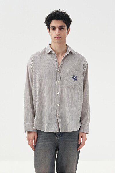 GIESTO قميص كيتي أزرق مخطط مع تطريز وتفاصيل جيب كتان LEK