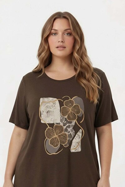 RMG Жіноча футболка великих розмірів з квітковим принтом, кавова