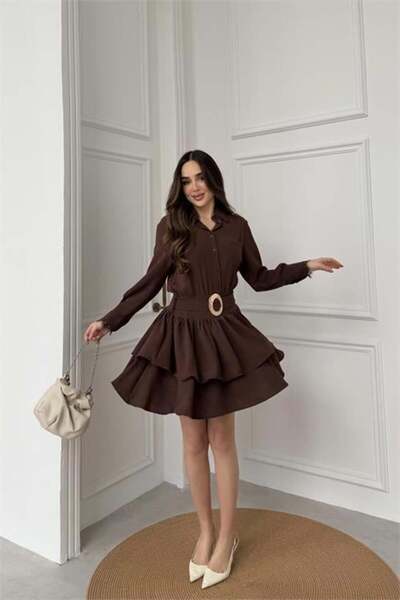 Dipmoda Women's Brown Shirt Collar Gold Buckled Lace Detailed Layered Mini Dr...