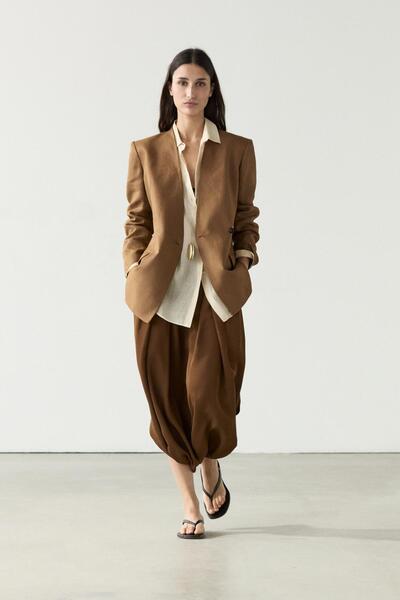 Massimo Dutti Yakası olmayan kruvaze keten blazer