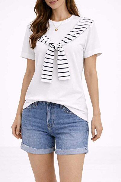 Benedetto Kadın %100 Pamuk Çizgili Bağlamalı Kol Detaylı Bisiklet Yaka Şık Ba...