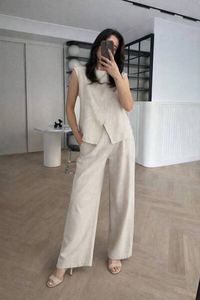 ÇEÇİM Women's Linen Look Slit Detailed Blouse Palazzo Pants Double Set Nsa-58099