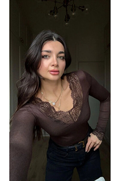 bysoca Bluză romantică pentru femei, maro, cu decolteu în V, mânecă lungă, da...