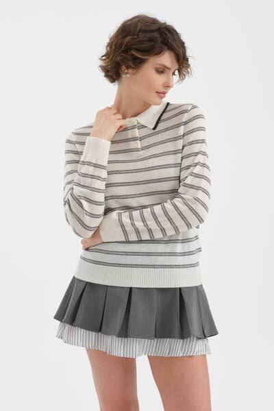 tw3 Γυναικεία μπλούζα με λαιμόκοψη Polo Ριγέ Πλεκτά Μακρυμάνικη Σχεδιαστική Μ...