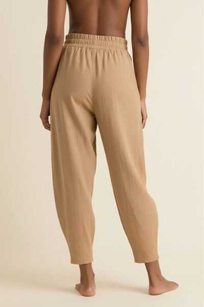 Avatar Beige Color High Waist Elastic Waist Pocketed Comfortable Summer Linen Women's Baggy Trousers Balloon Cut