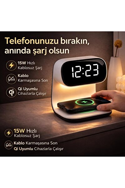 coofbe 3IN1 15W Kablosuz Masaüstü Şarj Standı - Alarmlı Dijital Masa Saati- Ayarlanabilir Gece Lamba