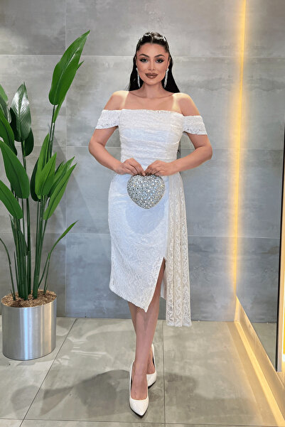 giyimmasalı Δαντέλα Υφασμάτινο Φόρεμα με Λαιμόκοψη Kayak - ΛΕΥΚΟ