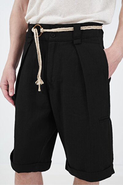 GIESTO Black K Linen Shorts with Pocket Details